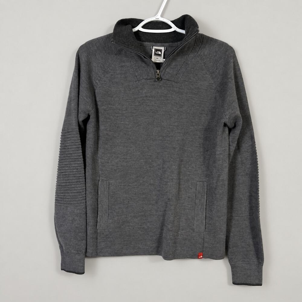 North Face Womens M Gray Wool Blend Quarter Zip Sweater Pullover Kangaroo Pocket